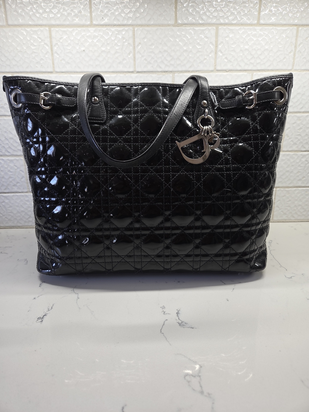 Christian Dior Black Quilted Patent Leather Panarea Medium Tote Bag + COA